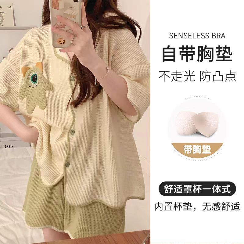 大量现货新款带棉垫睡衣女夏季针织棉可爱舒适外穿家居服两件套装