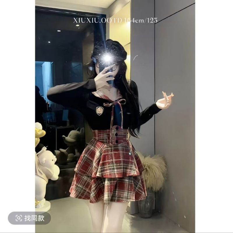 早秋纯欲风jk制服套装女春秋新款拼接衬衫+格纹束腰裙显瘦两件套|undefined