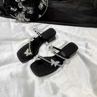 French-Style Sandals Butterfly Slippers Summer 2025 New Trendy Versatile Rhinestone Chunky Heel Women's Shoes to Pair with Dresses