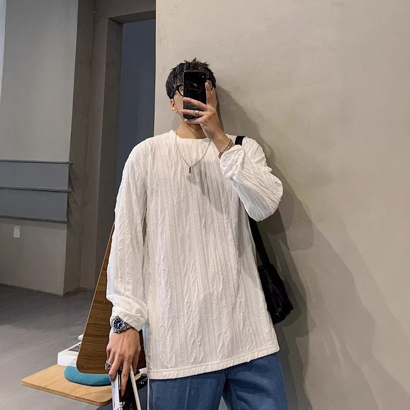 Autumn and Winter New Korean Style High-End Long-Sleeved T-Shirt Trendy Men's Loose Round Neck Design Pleated Casual Top Ins Trend