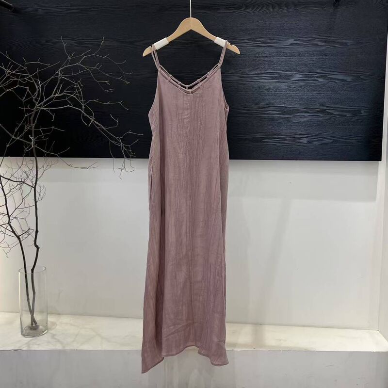 Tencel Ramie Suspender Dress 2026 Summer New Style Retro Artistic Drawstring Neckline Long Dress for Women 25359 Tencel Ramie Suspender Dress 2026 Summer New Style Retro Artistic Drawstring Neckline Long Dress for Women 25359