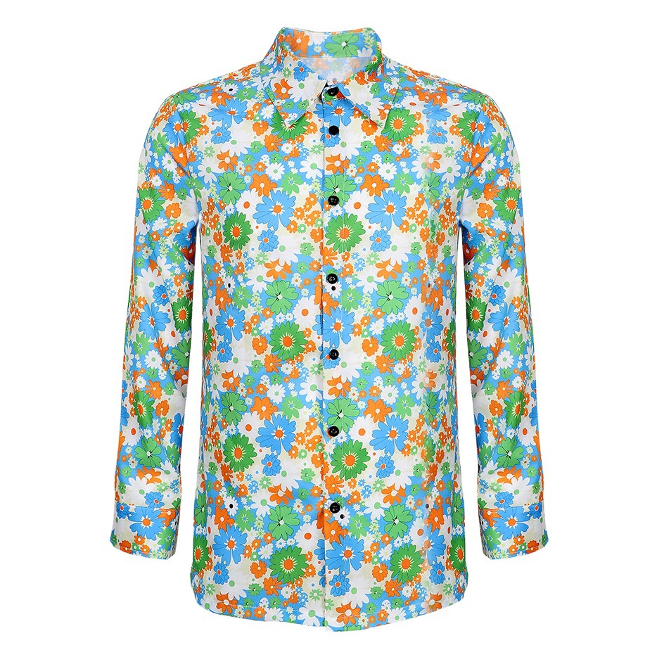 Cos 70s disco hombres Cosplay traje floral camisa de manga larga fiesta danza rendimiento ropa camisa
