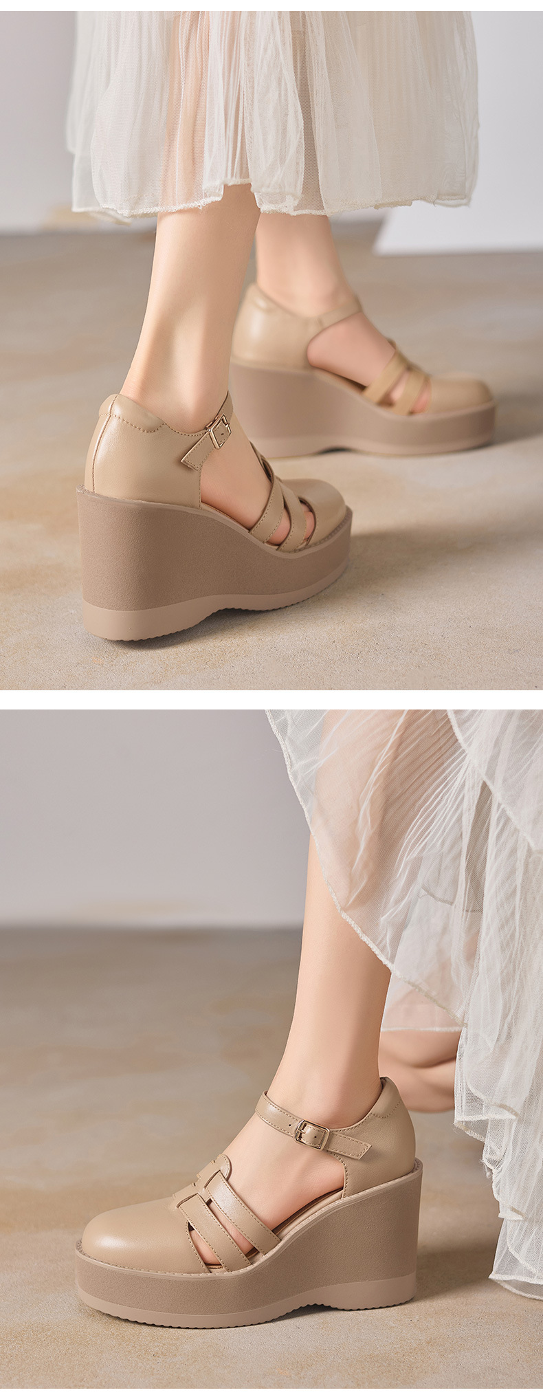 Sandal cao gót nữ đế dày 9,5 cm, mũi bít, dệt chéo, phong cách tổ chim — màu trắng ngà chi tiết 7