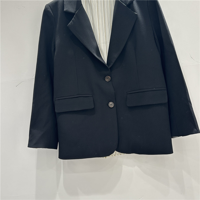 Saco de Traje Negro en Contraste para Mujer Cuello Solapa Corte Holgado