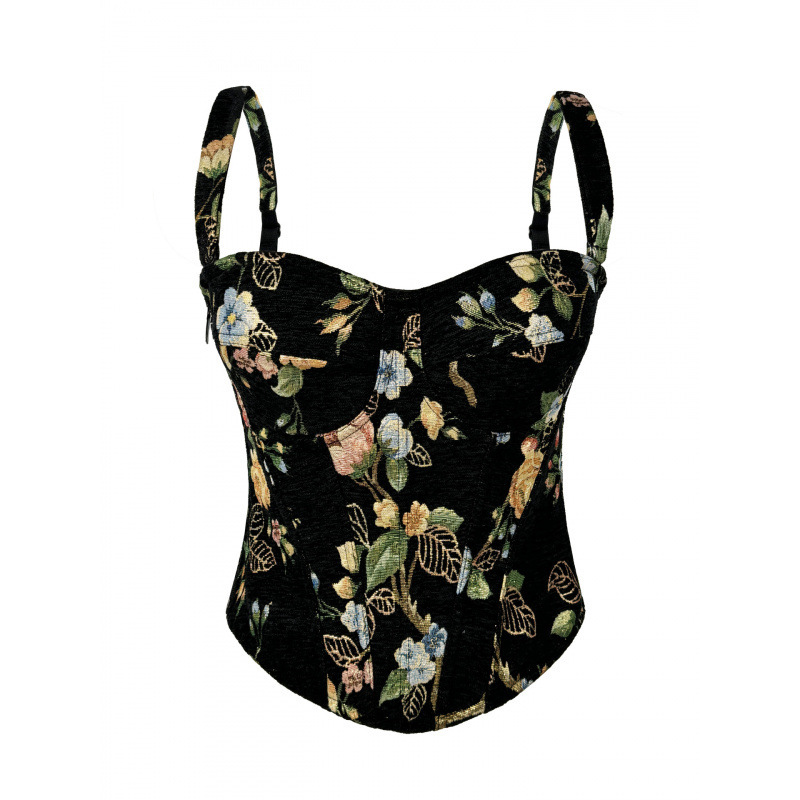 New Vintage Print Zipper Fishbone Bra Floral Niche Camisole Slim Fit Padded Tank Top