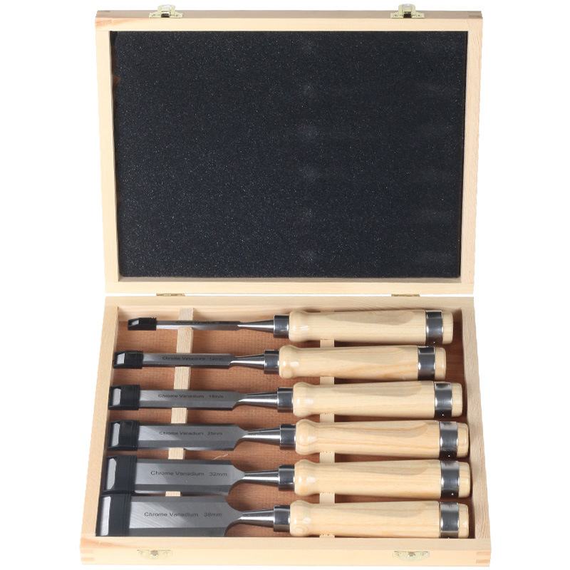 水曲柳柄平凿木工工具木凿刀6支装组套精品木盒包装扁铲精钢铬钒