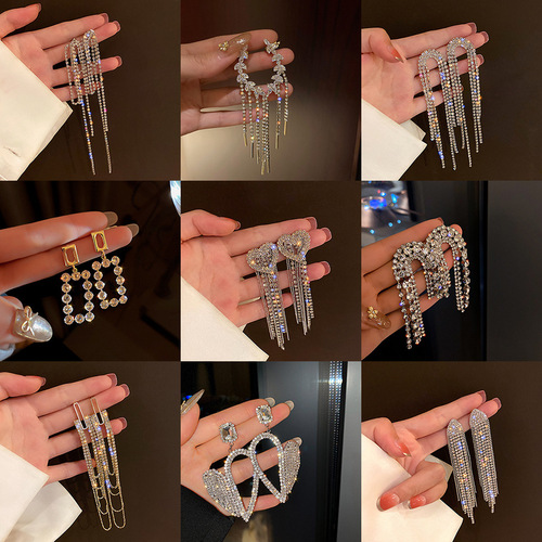 925 silver needle European and American fashion exaggerated full diamond bow tassel earrings female Internet celebrity temperament earrings simple earrings