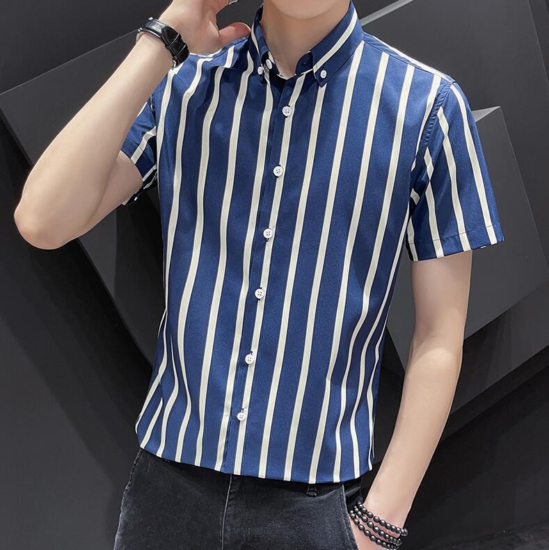 Korean Striped Shirt Men's Short-sleeved Summer Thin Slim-fit Handsome All-match Men's Shirt Casual Business Shirt