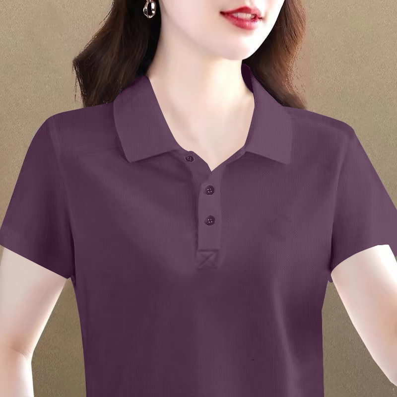 ラペル半袖Tシャツレディースピュアコットン大きいサイズ万能夏服新しいゆったりポロシャツレディース年齢軽減トップス|undefined