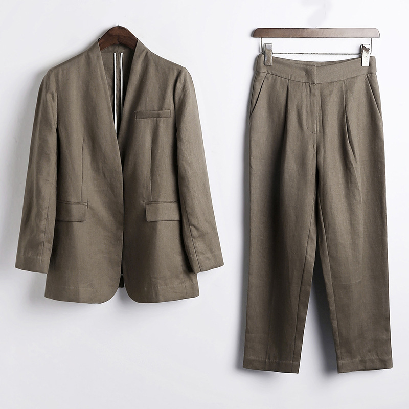 Popular Self-retained Xiaohe IC yarn-dyed herringbone linen collarless suit + casual radish pants suit