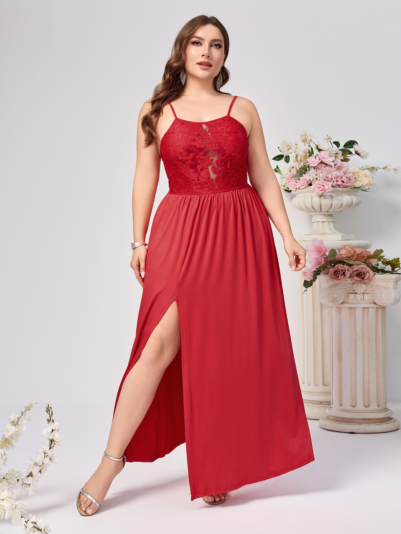 Transfronterizo europeo y americano color sólido rojo sexy vestido de falda larga vestido de noche de mujer