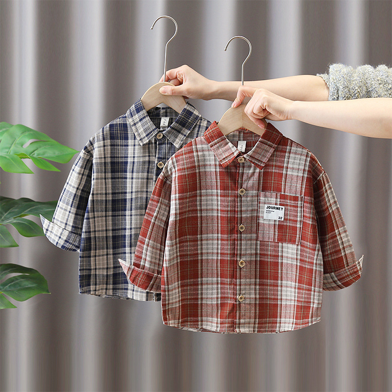 7817 Ropa para niños Camisa de primavera y otoño para niños 2025 Nueva camisa a cuadros para niños Camisa de manga larga de primavera para bebés
