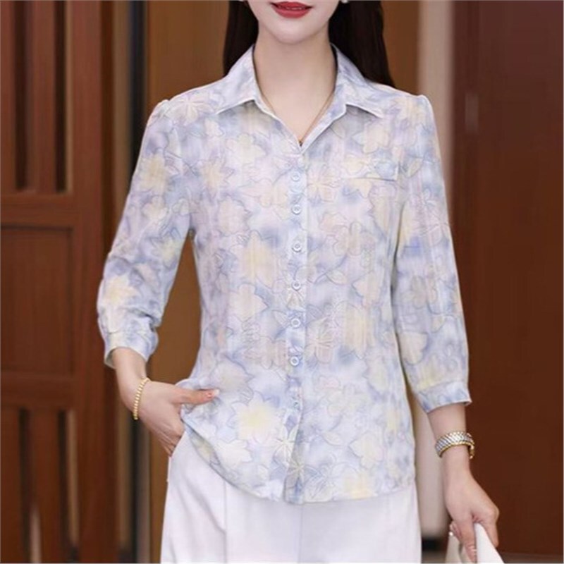 A Popular Drop-Shipping Item for Spring/Summer 2026: Printed Loose-Fitting Three-Quarter Sleeve Shirt for Women, Thin Cardigan Top for Moms