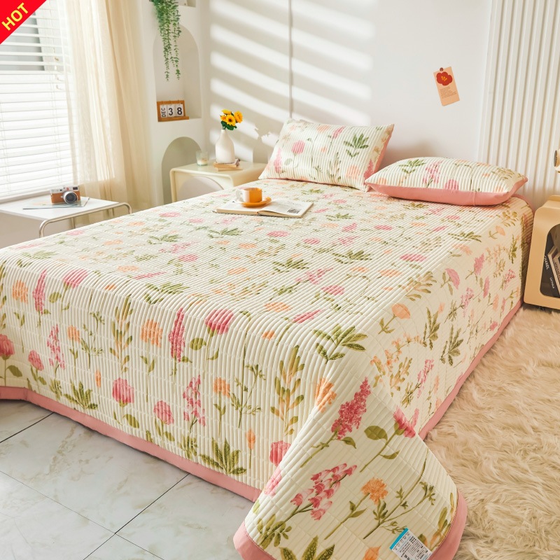 A Class Maternity Washable Cotton Linen Bed Cover with Thick Fleece Quilted Bedspread Set, Machine Washable Home Bedding Set of 3
