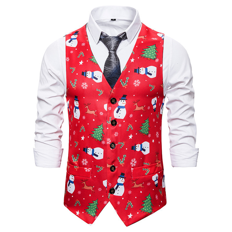2025 New European Size Men's Christmas Printed Vest Amazon Wedding Dress V-Neck Fashion Vest for Men
