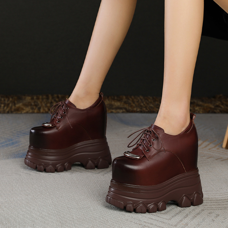 Giày nữ đế xuồng platform da thật cổ điển, gót 16 cm tăng chiều cao — màu đen