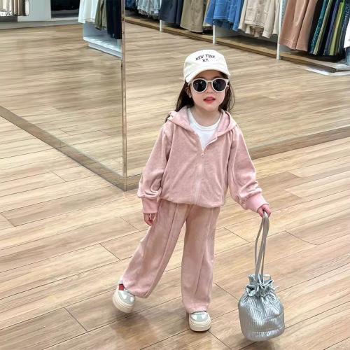 2024 Spring Korean Children's Clothing New Item: Girls Fashion Zipper Set Sports Casual Hooded Two-Piece School Uniform