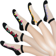 欧美爆款女士中筒水晶丝袜春夏薄款绣花玻璃丝女袜中老年防滑袜子