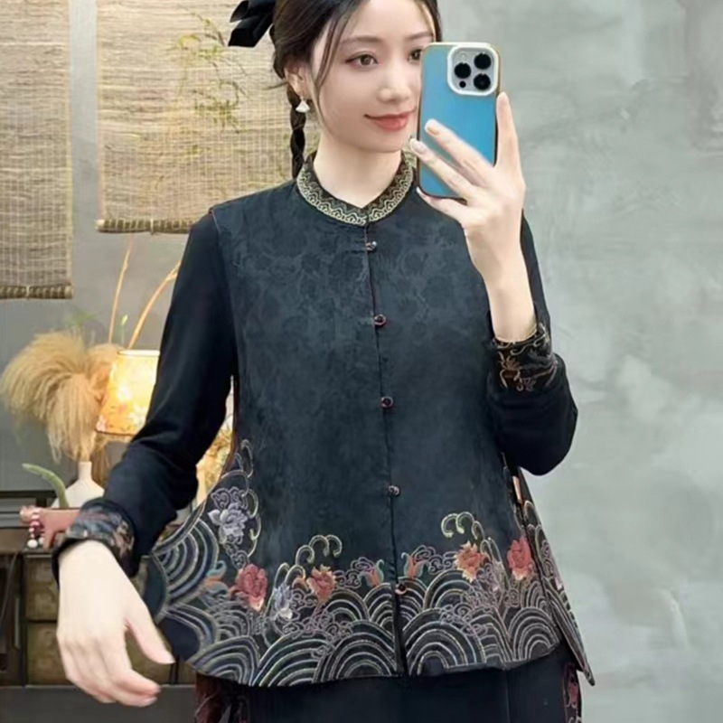 双面穿女式马夹2025新款复古背心立领盘扣马甲民族风刺绣人丝坎肩|undefined