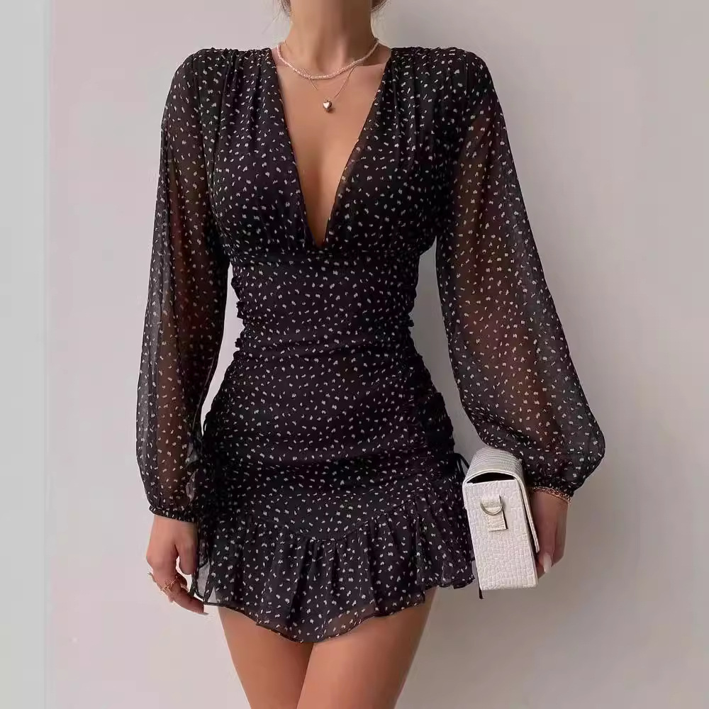 Vestido midi de chifón sexy con cuello en V, elegante y con estampado en la cintura, estilo nuevo transfronterizo europeo y americano 2026