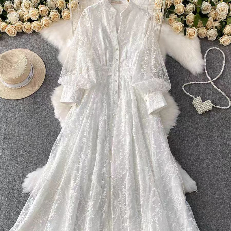 French Retro Elegant Dress for Women 2025 New High-End Stand-Up Collar Single-Breasted Waist Embroidered Mesh Long Skirt