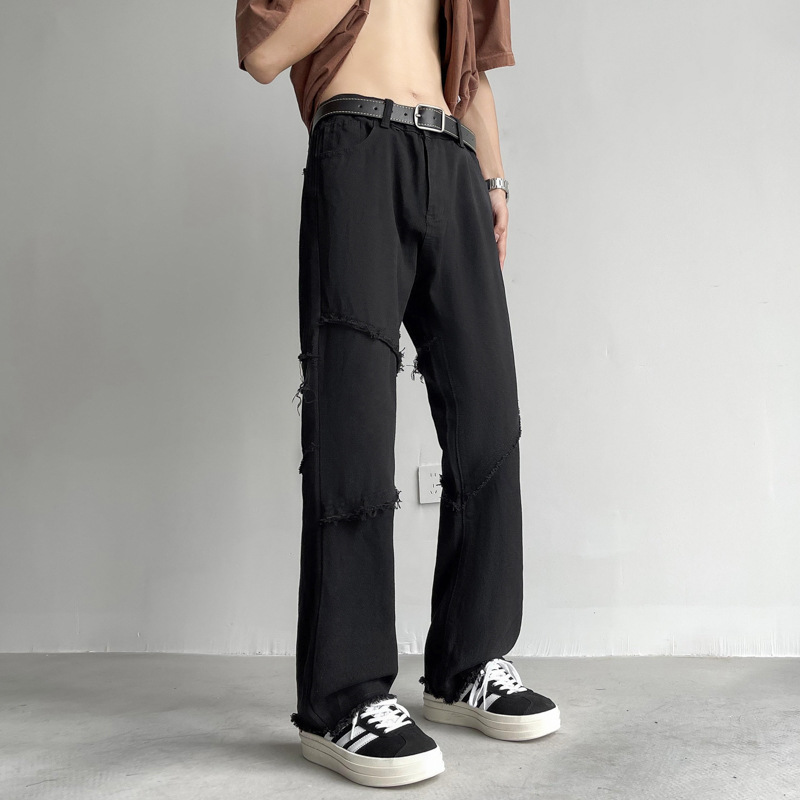 Jeans de empalme masculinos primavera y otoño piernas anchas sensación de colgar pantalones rectos sueltos nicho sensación de diseño de estilo americano de alta calidad