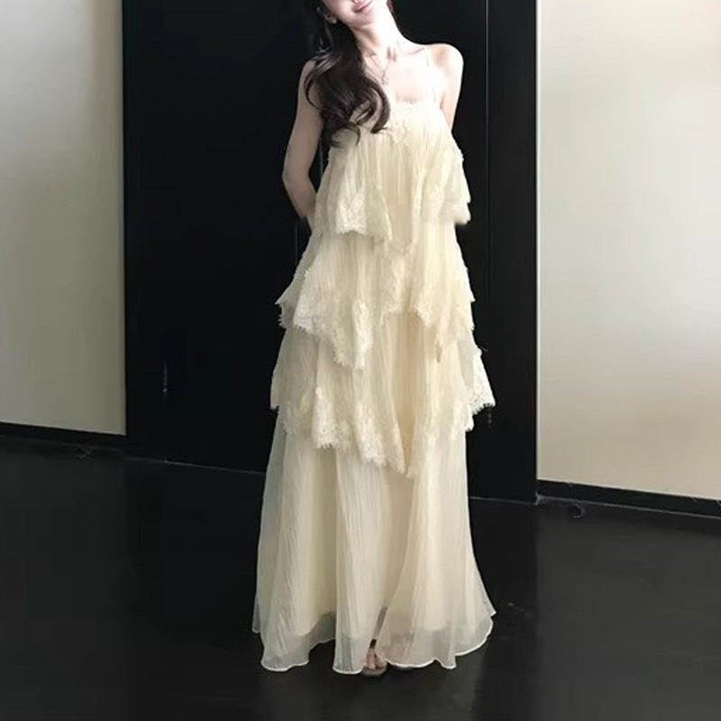 Original Design Aj* High-Quality Textured Heavy-Duty Lace Strap Dress Long/Short Style for Women in Spring/Summer