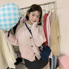 韩系甜美温柔粉色针织开衫毛衣女2025秋季翻领慵懒风外搭上衣外套