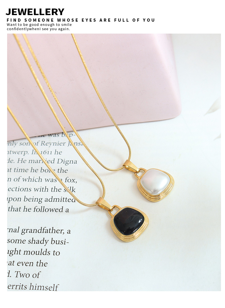 French Style Square Titanium Steel Copper Plating Inlay Artificial Pearls Pendant Necklace 1 Piece