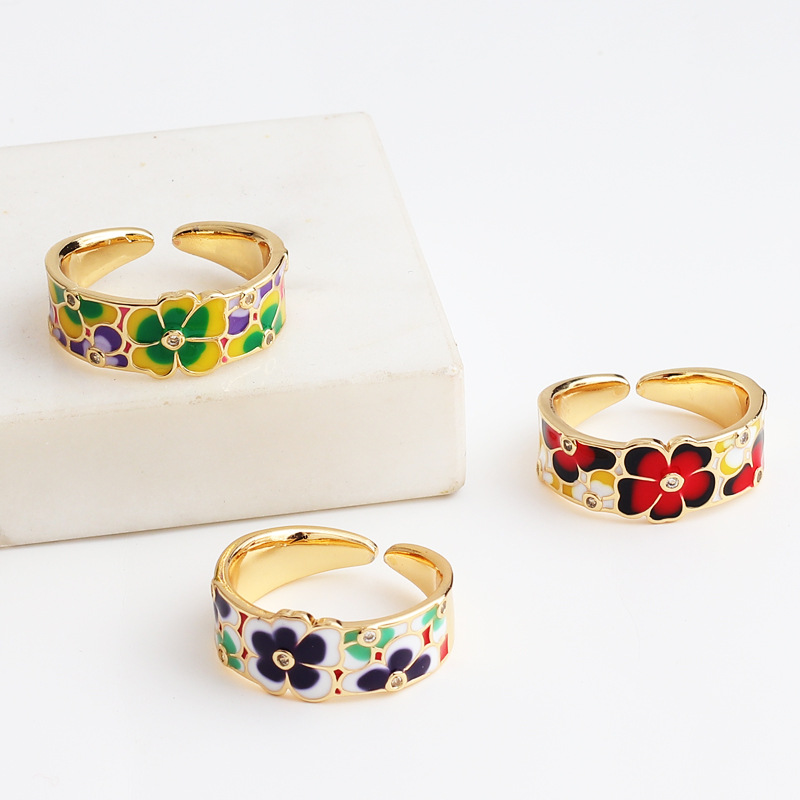 Sweet Flower Copper Open Ring Inlay Zircon Copper Rings