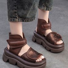 春夏季高帮厚底镂空透气国风凉鞋鱼嘴舒适轻奢女鞋潮魔术贴松糕底