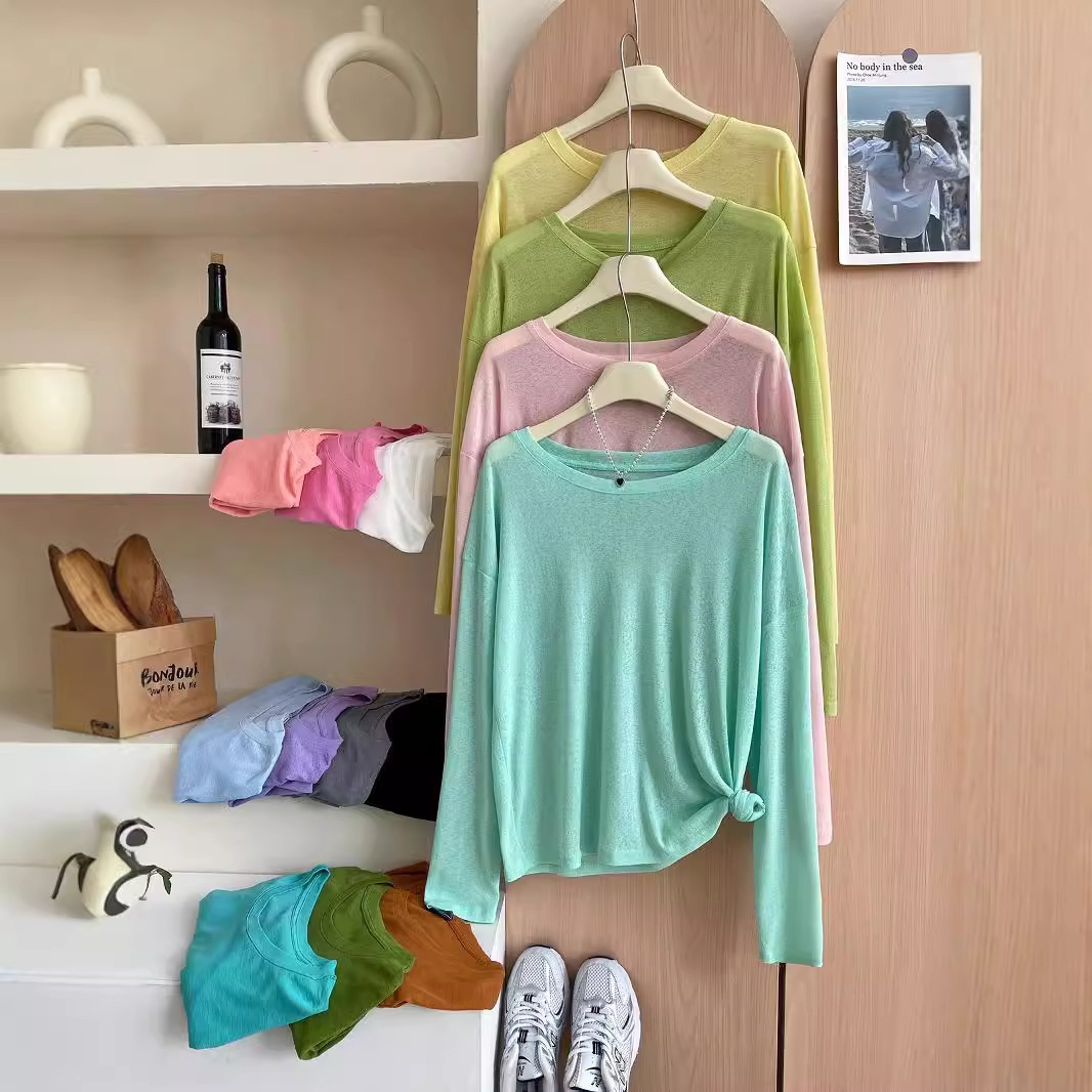 Candy-colored dopamine-enhanced ice silk linen sun protection long-sleeved t-shirt for women, summer loose and comfortable oversized air-conditioning cover-up top, thin