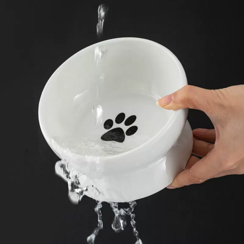 猫碗高脚斜口保护颈椎防打翻大口径猫食盆陶瓷喂狗猫咪黑色喝水碗