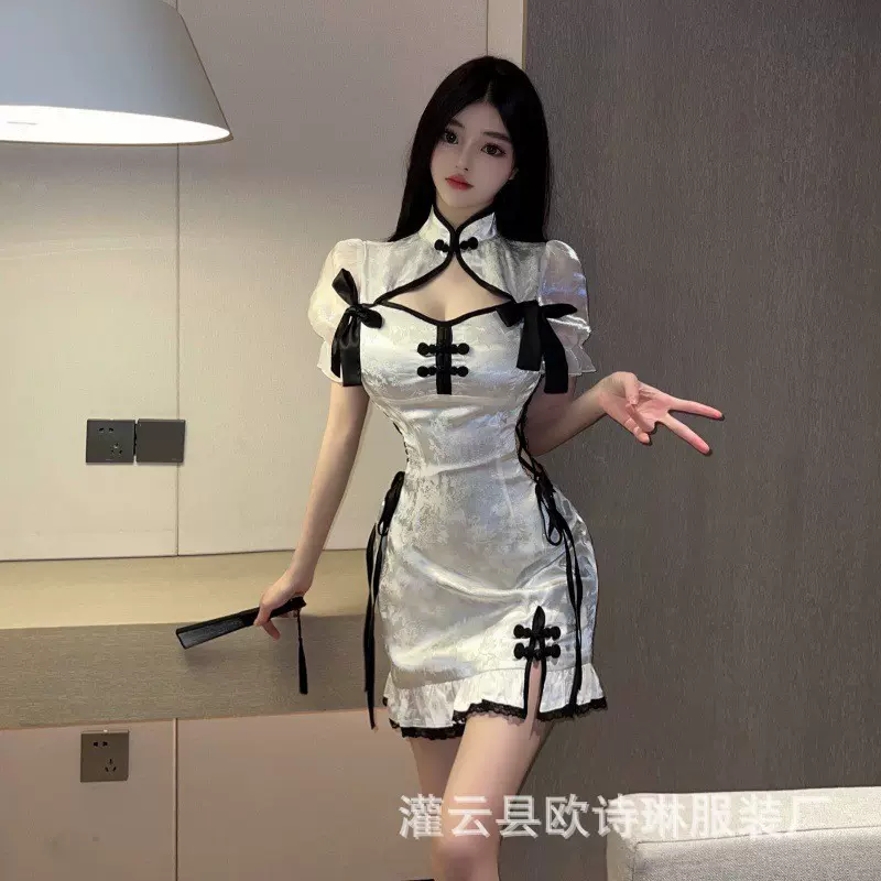 欧诗琳国风新中式旗袍开叉气质连衣裙修身包臀短裙新款甜辣妹女镂