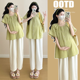 2025 Quality Maternity Dress Spring and Summer New Short Sleeve Hollow Doll Shirt Fashion Trendy Mom