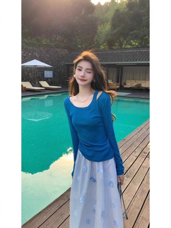 フェイクツーピースオフショルダーアイクラインブルー長袖Tシャツレディース夏薄い日焼け止めブラウス巾着ウエスト痩身トップ|undefined