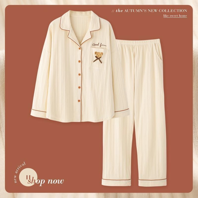 Tiktok mismo estilo pijamas de algodón de las mujeres de primavera y otoño de manga larga más tamaño se puede usar fuera de algodón desgaste del hogar traje de verano