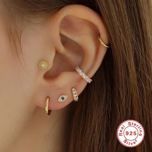 S925 sterling silver single evil eye diamond pierced cartilage earrings cross-border best-selling personalized evil eye earrings
