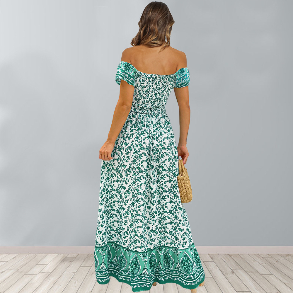 short-sleeved one-word shoulder long floral dress NSHYG125289
