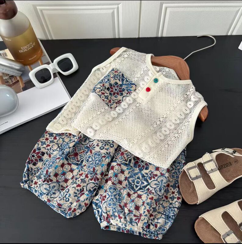 Boys' Ethnic Style Suit 2025 Summer Knitted Crochet Patchwork Polo Shirt Two-Piece Set Trendy Children's Hollow Design Boys' Ethnic Style Suit 2025 Summer Knitted Crochet Patchwork Polo Shirt Two-Piece Set Trendy Children's Hollow Design