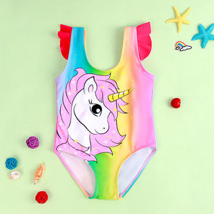New Girls' one-piece swimsuit colorful unicorn ruffled cute baby girl children's swimsuit comfortable high elastic