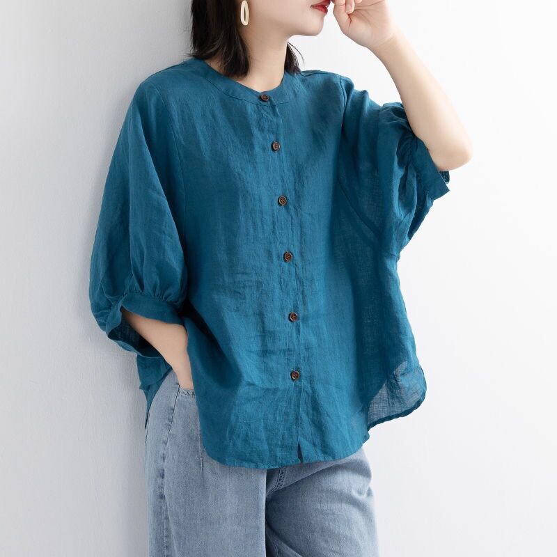 Vintage Cotton Linen Short-sleeved Shirt Top Women's Large Size Artistic Casual Fashion Small Shirt Thin Loose Lantern Sleeve Shirt