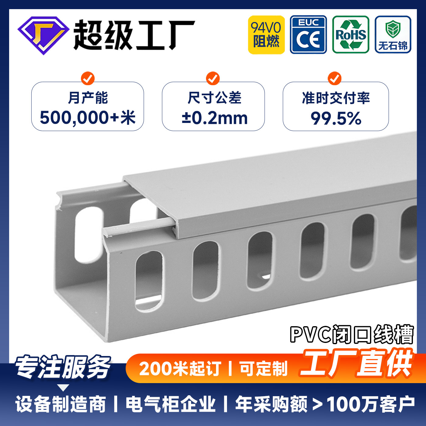 灰色方形闭口PVC线槽45*33配电柜连齿线槽阻燃塑料电缆封口走线槽