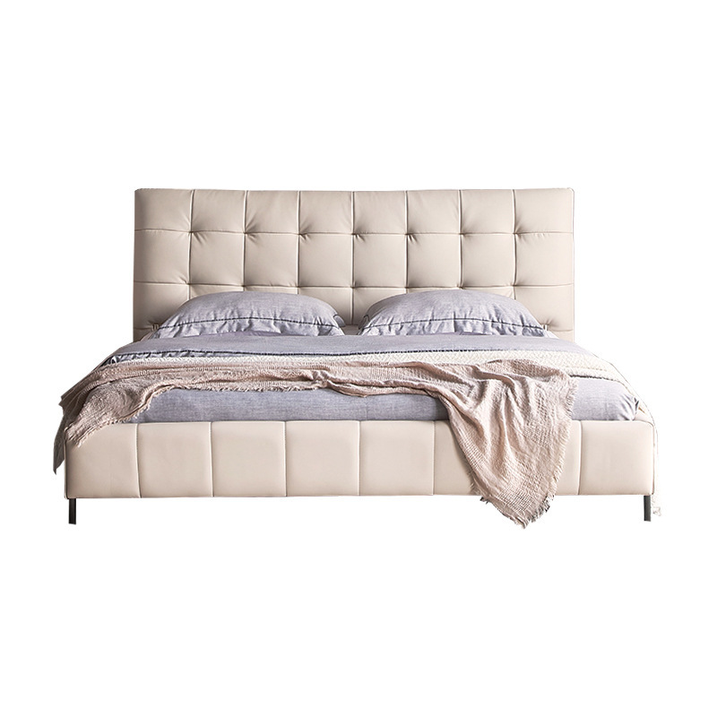 Cama de cuero genuino estilo crema cama doble minimalista moderno dormitorio principal cama de boda de 1,8 m diseñador tire hebilla cama de cuero cama suave