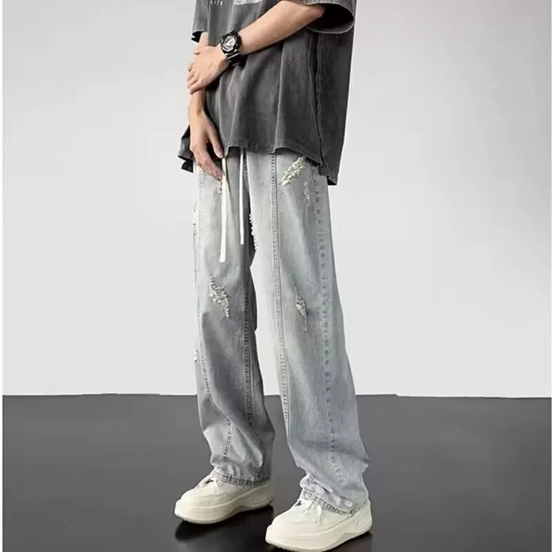 Tide, summer jeans, casual trousers, loose straight fit, elastic waist