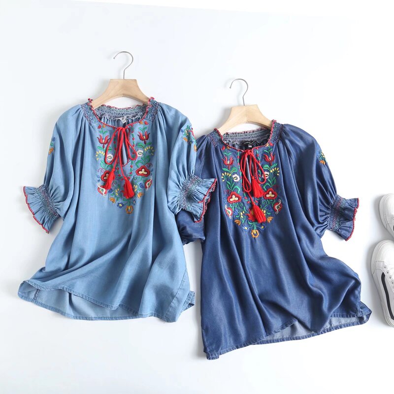 Korean Style Tassel Embroidered Tencel Short Sleeve Shirt Women's 2024 Summer Ethnic Embroidered Denim Doll Shirt