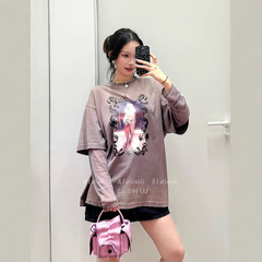 A1 ~ デザイナーブランドの子犬のロゴプリント網の長袖は偽のtシャツの女性2025早春の新型をつなぎ合わせます。