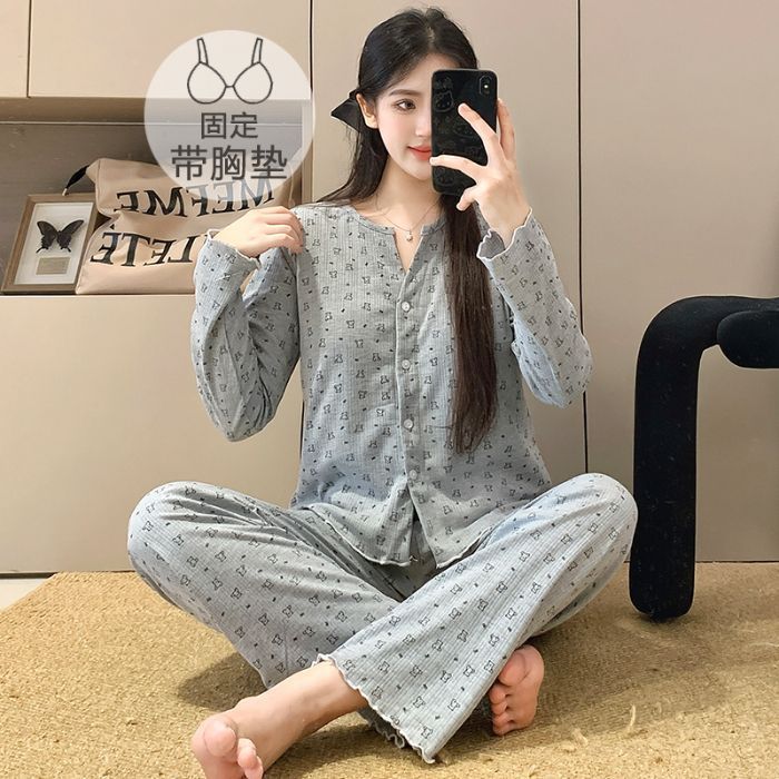 带胸垫睡衣女春秋季新款韩系可爱小熊卡通棉质开衫长袖套装家居服|undefined