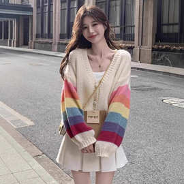 多巴胺彩虹针织开衫外套上衣女装秋季2025新款宽松慵懒风毛衣外穿