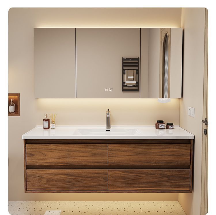New walnut wood color double-drawer bathroom cabinet, bathroom washbasin and washbasin set with ceramic integration undefined